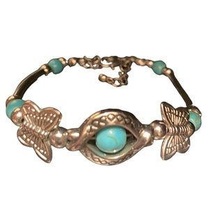 Vintage Zinc Alloy Butterfly & Turquoise Decor Bracelet